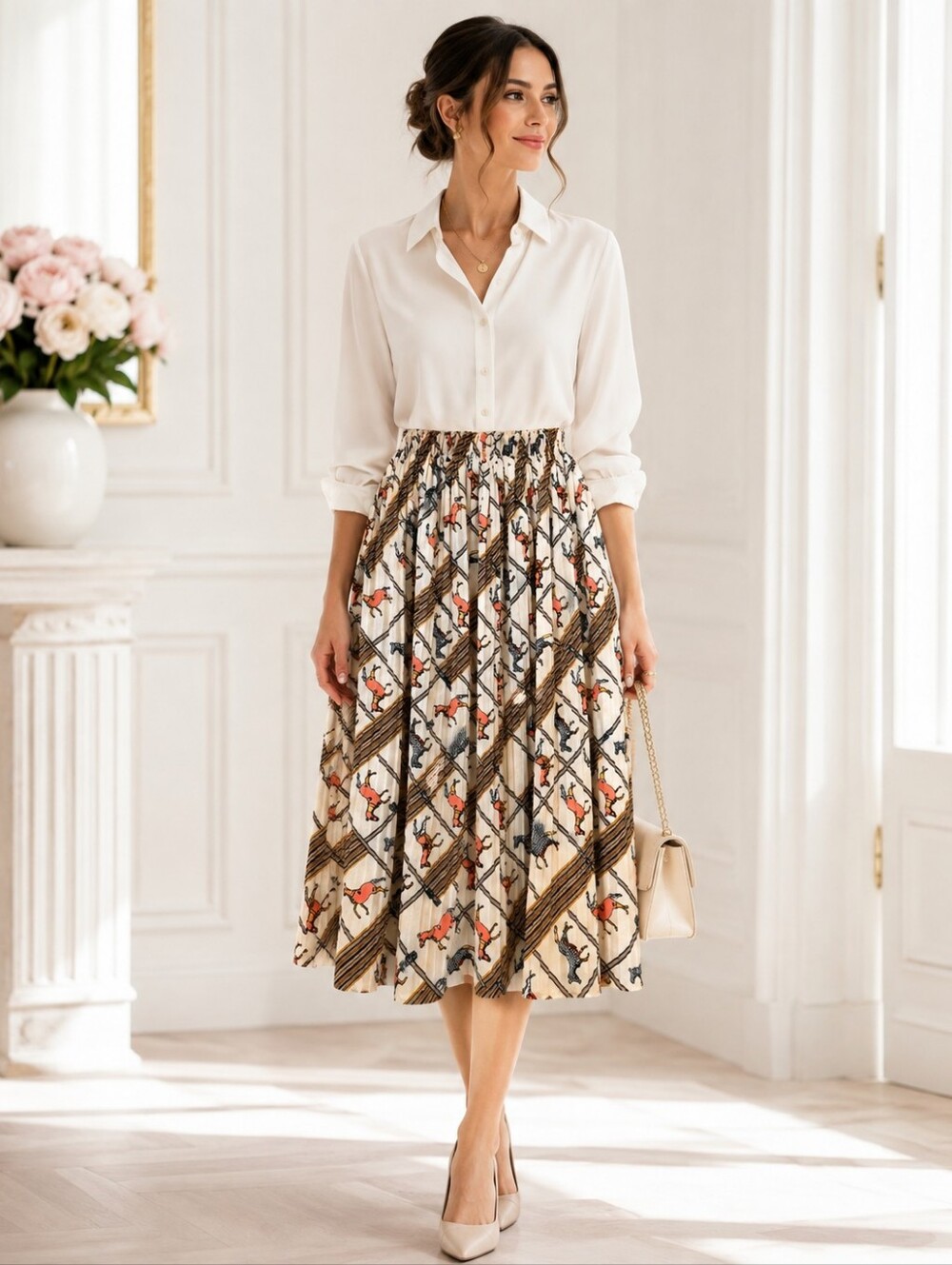 Alice Blue | Charming  Equestrian Horse Print Pleated Midi Skirt | Size XL